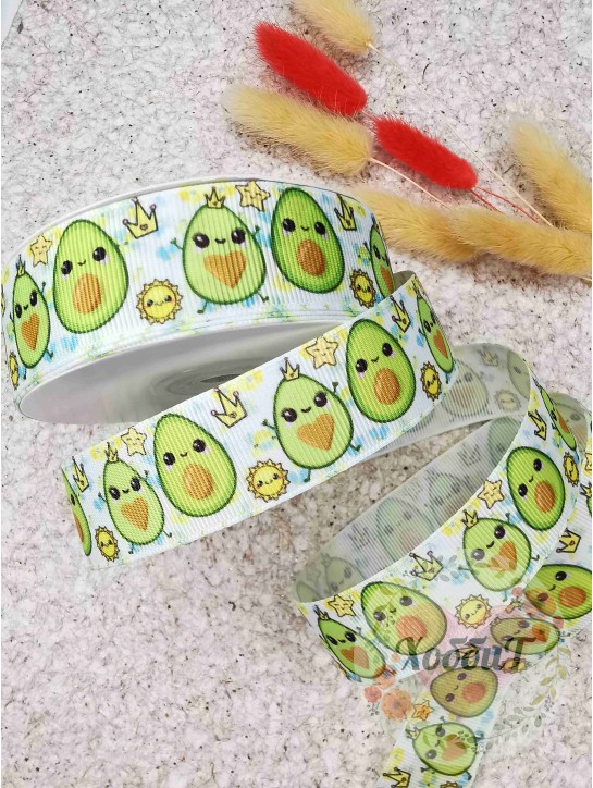 Лента репсовая с рисунком "Авокадо с короной" 2,5см. (мультиколор №1)